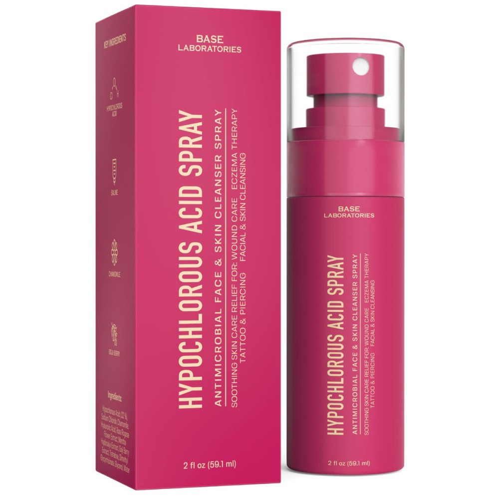 BASE LABORATORIES Hypochlorous Acid Spray for Face & Skin - Travel Size - Facial Toner Spray & Cleaner - Skin Repair Solution helps reduce redness, Irritations, acne - HOCL Molecule Spray 2oz