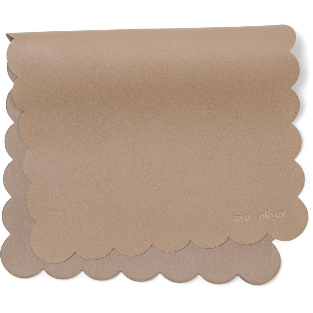 Ava + Oliver Vegan Leather Baby Changing Mat (16 X 30 in) - Multipurpose Wipeable and Portable Diaper Mat - Foldable for Travel (Taupe Scallop)