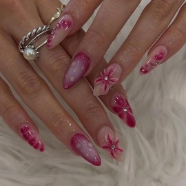 Press on Nails Medium Almond Fake Nails Ombre Red with 3D Flower Design Glossy Full Cover Stcik on False Nails for Women Manicure 24Pcs