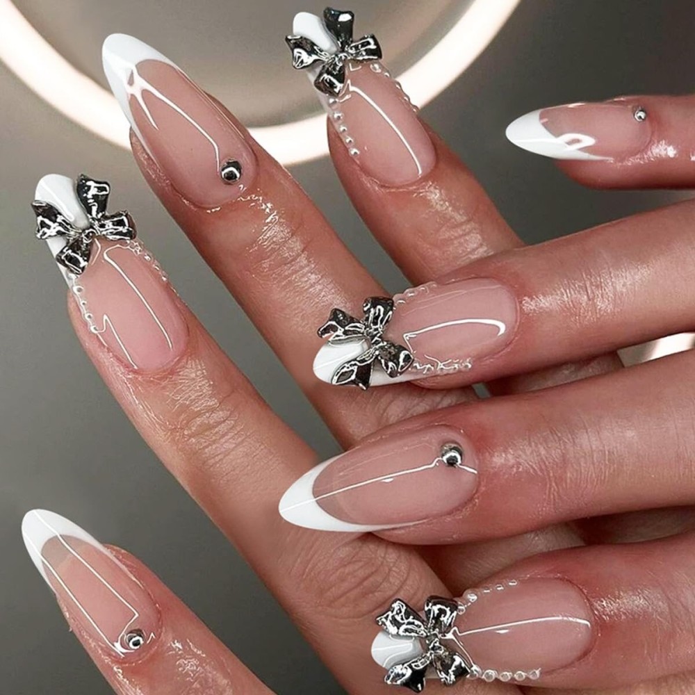 White French Tip Press on Nails Medium - Almond Fake Nails with Silver Bow Design - Glossy Full Cover Stick on False Nails for Women 24 Pcs