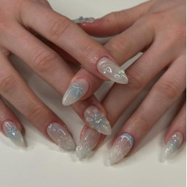 Medium Press on Nails Almond Fake Nails with 3D Lemon Design Blue Ombre Full Cover Stick on False Nails for Women Manicure 24Pcs