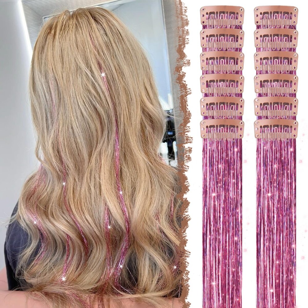 FESHFEN Clip in Hair Tinsel - 12 PCS Pink Clip ins Glitter Tinsel Hair Extensions Sparkle Fairy Dazzle Colorful Accessories Kit for Women 20 Inch