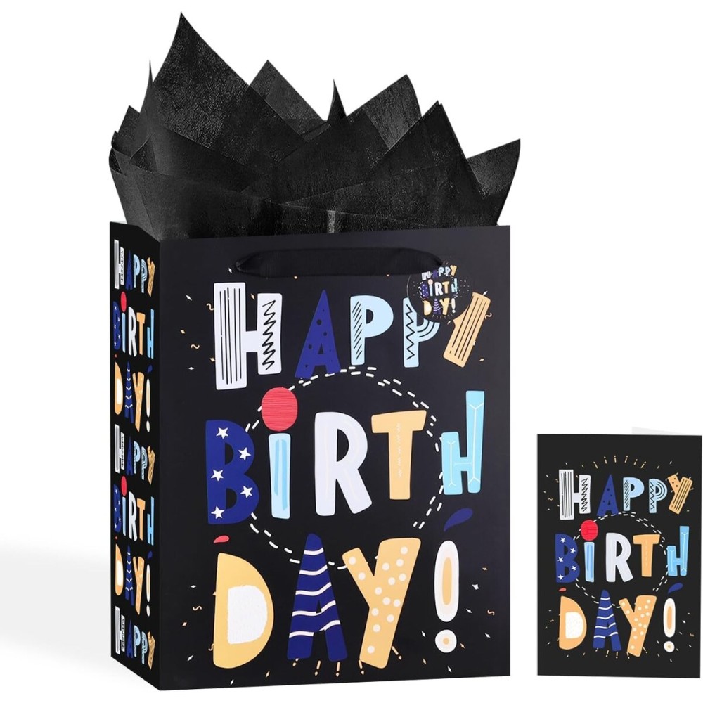 13 Black Happy Birthday Bag with Tissue Paper and Greeting Card for Party,Happy Birthday Gift Bag for Kids, Boys, Girls, Baby Boy,Men Women,Gift Bags Medium size (1 PCS Black, Kids Gift Bag)