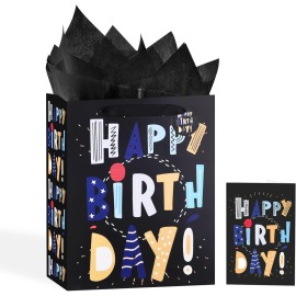 13 Black Happy Birthday Bag with Tissue Paper and Greeting Card for Party,Happy Birthday Gift Bag for Kids, Boys, Girls, Baby Boy,Men Women,Gift Bags Medium size (1 PCS Black, Kids Gift Bag)