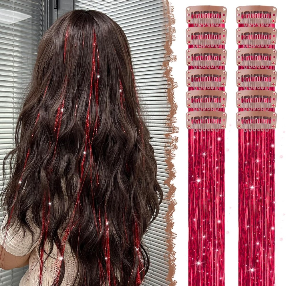 FESHFEN Clip in Hair Tinsel - 12 PCS Red Clip ins Glitter Tinsel Hair Extensions Sparkle Fairy Dazzle Colorful Accessories Kit for Women 20 Inch