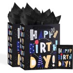 13 Black Happy Birthday Bag with Tissue Paper and Greeting Card for Party,Happy Birthday Gift Bag for Kids, Boys, Girls, Baby Boy,Men Women,Gift Bags Medium size (2 PCS Black, Kids Gift Bag)