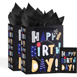 13 Black Happy Birthday Bag with Tissue Paper and Greeting Card for Party,Happy Birthday Gift Bag for Kids, Boys, Girls, Baby Boy,Men Women,Gift Bags Medium size (2 PCS Black, Kids Gift Bag)