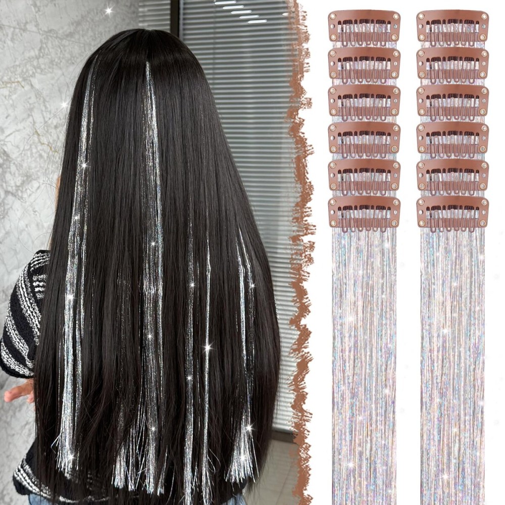 FESHFEN Clip in Hair Tinsel - 12 PCS Silver Clip ins Glitter Tinsel Hair Extensions Sparkle Fairy Dazzle Colorful Accessories Kit for Women 20 Inch