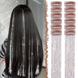 FESHFEN Clip in Hair Tinsel - 12 PCS Silver Clip ins Glitter Tinsel Hair Extensions Sparkle Fairy Dazzle Colorful Accessories Kit for Women 20 Inch