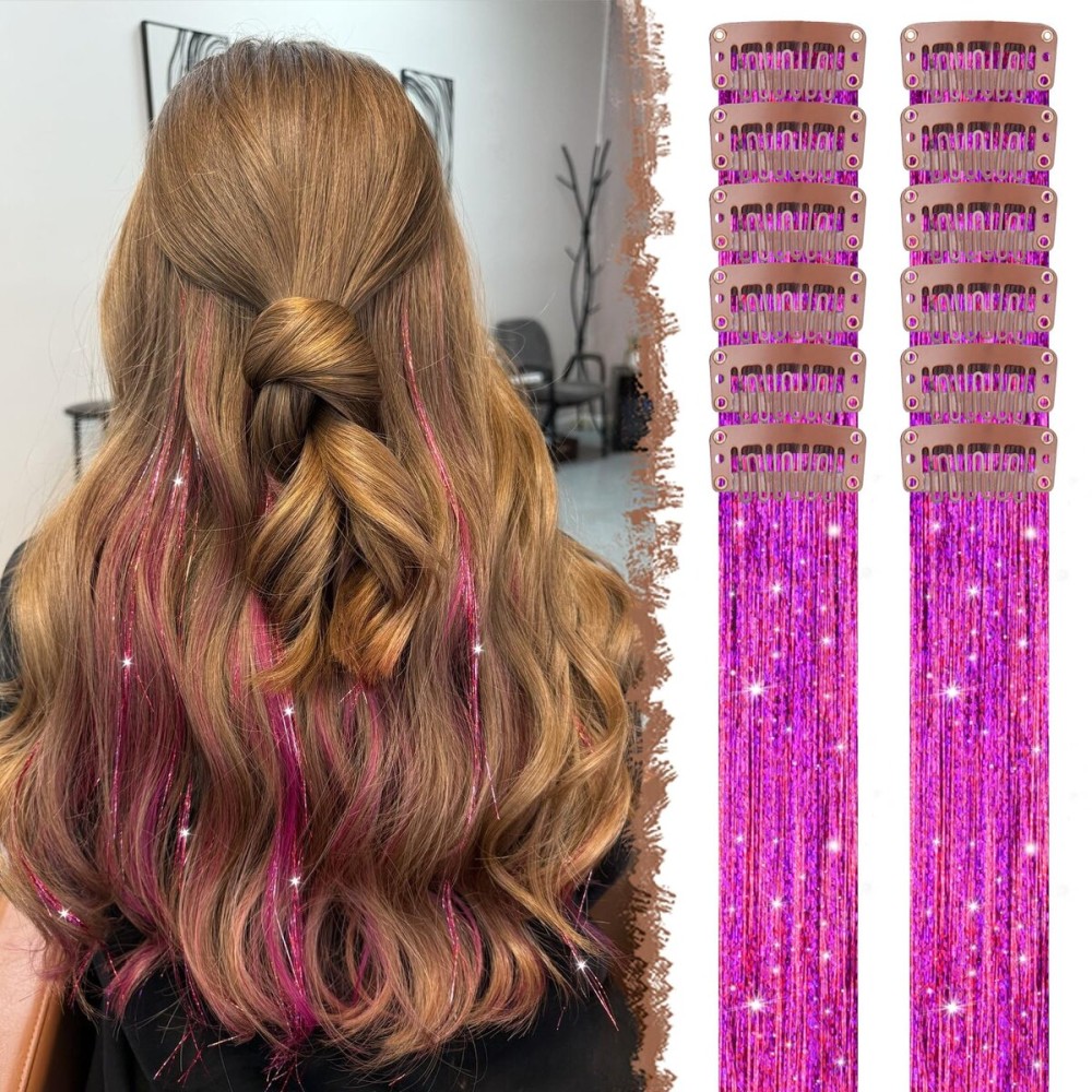 FESHFEN Clip in Hair Tinsel - 12 PCS Rose Red Clip ins Glitter Tinsel Hair Extensions Sparkle Fairy Dazzle Colorful Accessories Kit for Women 20 Inch