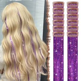FESHFEN Clip in Hair Tinsel - 12 PCS Purple Clip ins Glitter Tinsel Hair Extensions Sparkle Fairy Dazzle Colorful Accessories Kit for Women 20 Inch