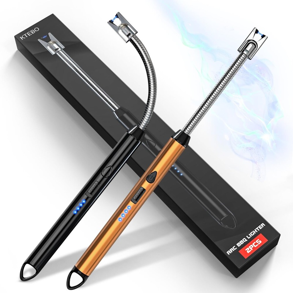 KTEBO 2 Pack Plasma Arc Electric Lighters Rechargeable - USB Long Reach for Scented Candles, BBQ Grill &Camping - Windproof Design Lighters-Black and Rose Gold - Stocking Stuffers