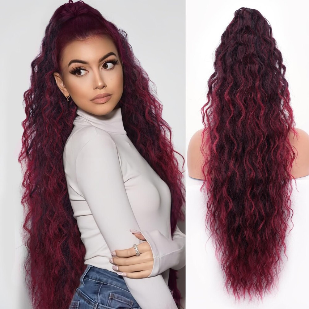 ORSUNCER Ponytail Extension Claw 30 Curly Pony Tail Clip in Claw Hair Extensions Fluffy Natural Looking Synthetic Hairpiece for Women Omber Burgundy