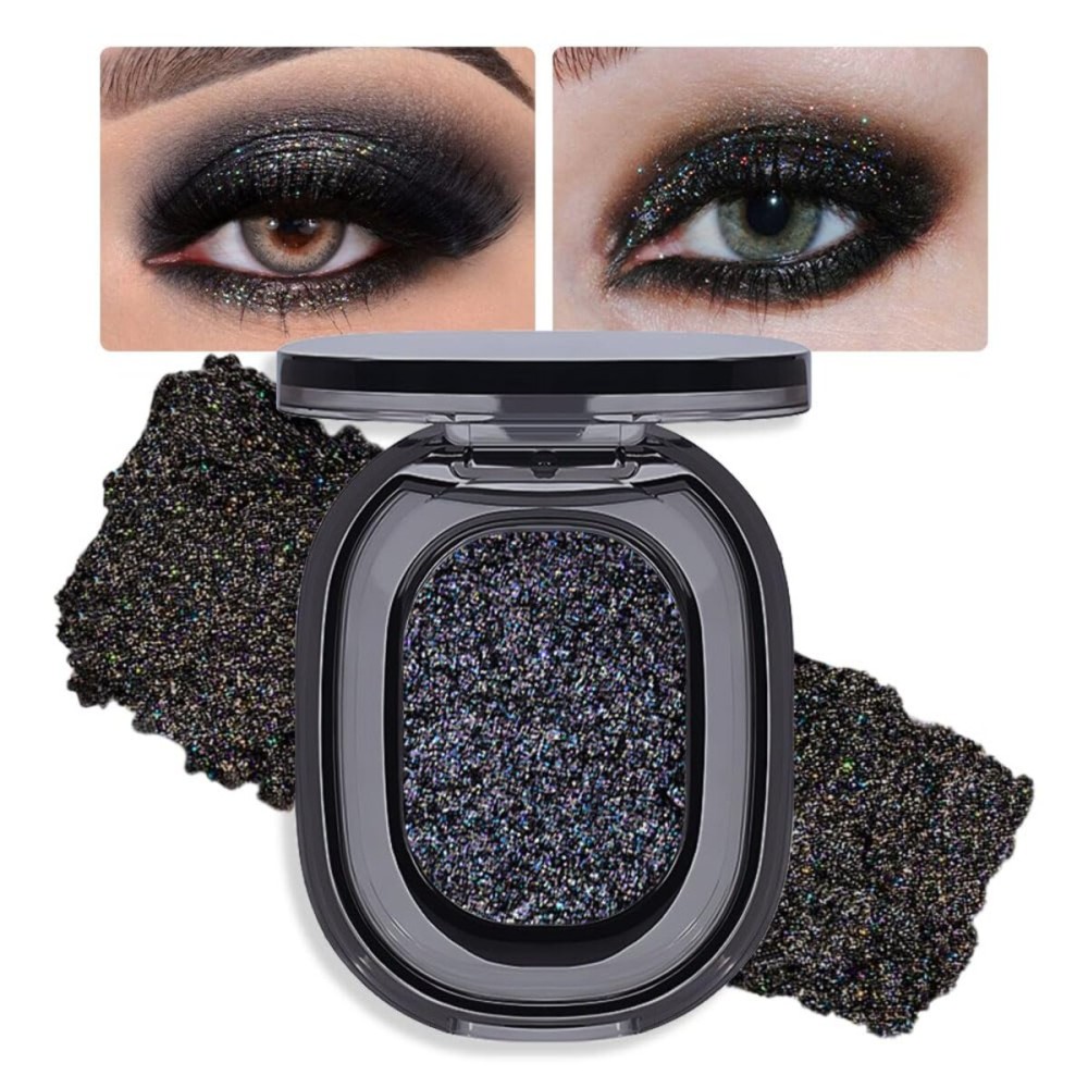 FeiCuiYun Black Glitter Eyeshadow Palette Makeup for Women, Glitter Shimmer Metallic Holographic Iridescent Single Monochrome Eyeshadow Halloween Birthday Party Wear Makeup, Sombras Crema Para Ojos