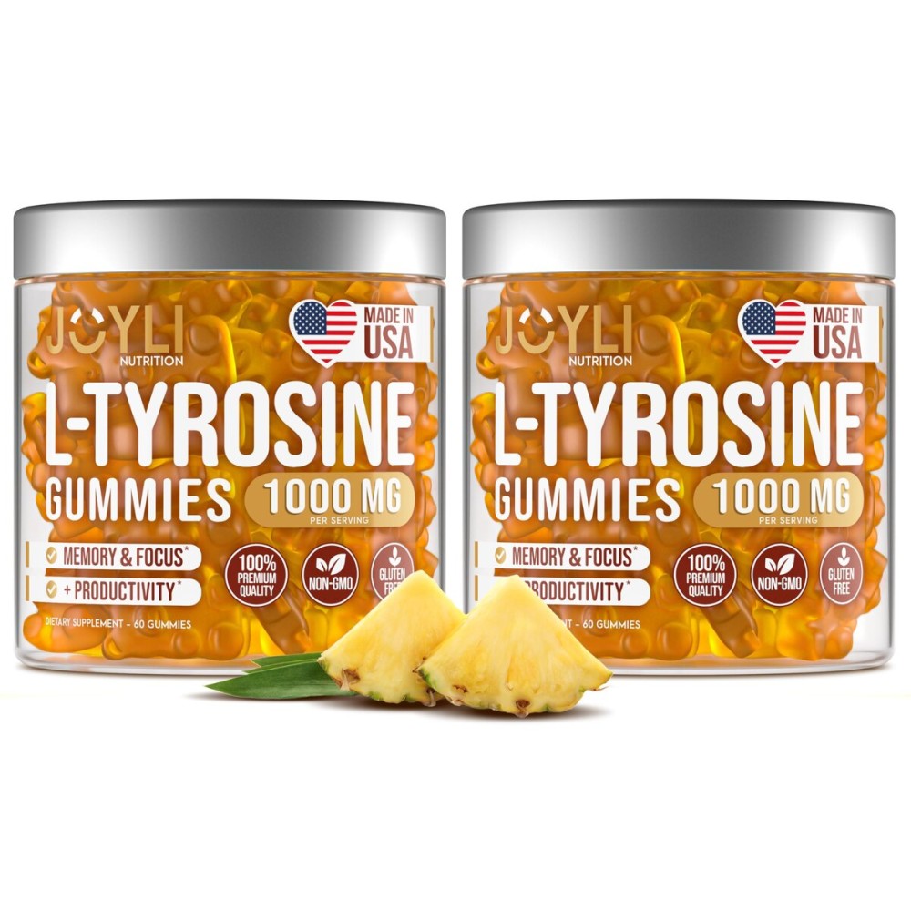 2 Pack - JOYLI L-Tyrosine Gummies 1000MG - Sugar-Free Vegan Focus Supplement & Mood Support for Kids & Adults - 500mg Per Gummy - Sleep Gummies for Memory, Energy & Wellness - 60 Pcs per Pack