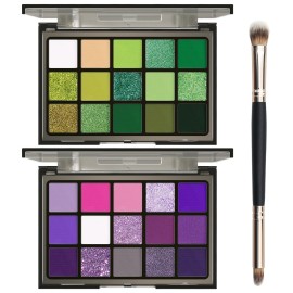 UCANBE 2pcs Eyeshadow Palette Makeup Set, Green Purple Color Shimmer Matte Metallic Eye Shadow Pallet with Soft Brush Eye Make Up Kit for Halloween Cosplay Costume Beetlejuice Medusa Poison Ivy Ursula
