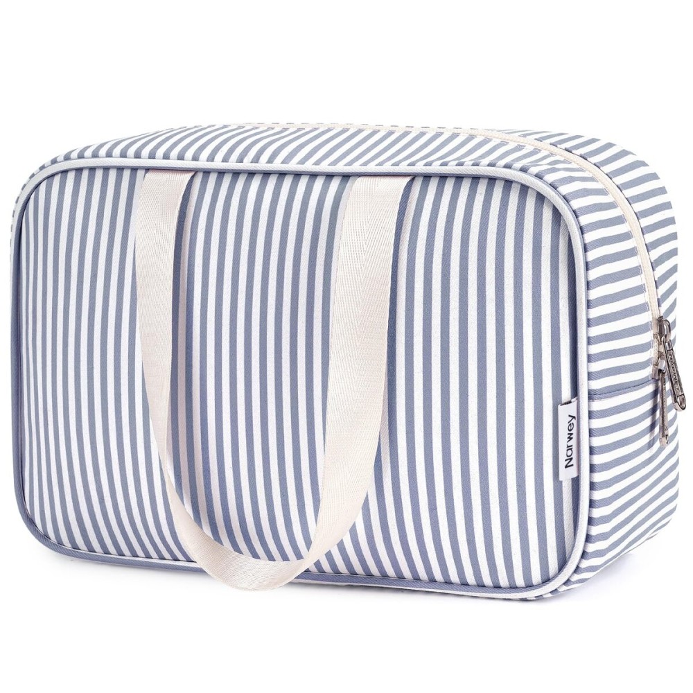 Full Size Toiletry Bag Women Large Cosmetic Bag Travel Makeup Bag Organizer Medicine Bag for Toiletries Essentials Accessories (Greyish Blue Stripe, Large)