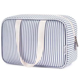 Full Size Toiletry Bag Women Large Cosmetic Bag Travel Makeup Bag Organizer Medicine Bag for Toiletries Essentials Accessories (Greyish Blue Stripe, Large)