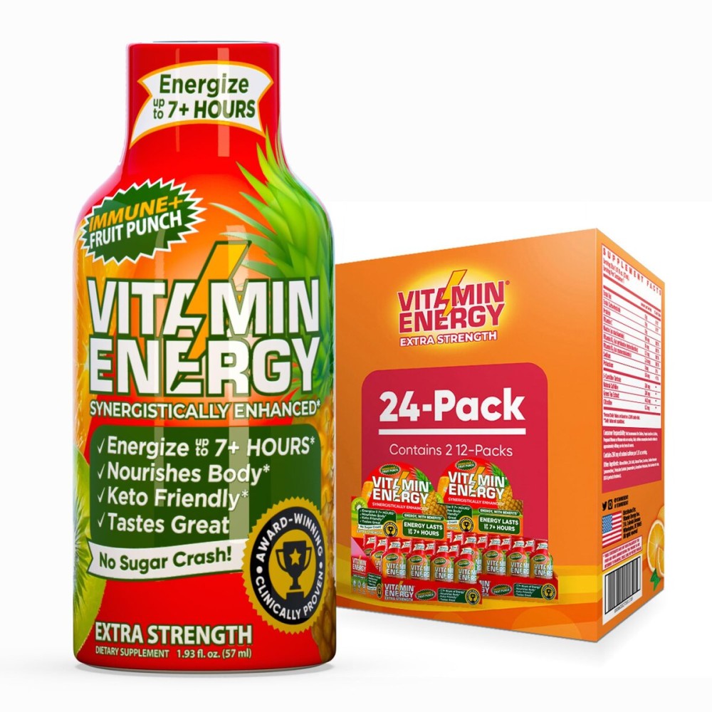 Vitamin Energy Immune+ Extra Strength Energy Shot Fruit Punch 24 Pack, 260mg Natural Caffeine, B-Vitamins, Citicoline, Green Tea, Immunity & Focus Support, Zero Sugar, Gluten-Free 1.93 fl oz