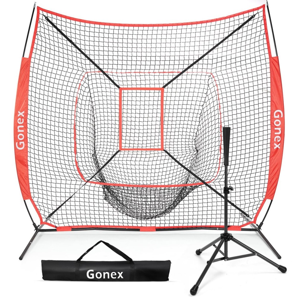Gonex 7\' x 7\' Baseball Softball Practice Net Set with Batting Tee for Hitting and Pitching Batting, Practice Training Aid, with Strike Zone, Large Mouth, Bow Frame, Carrying Bag, Red