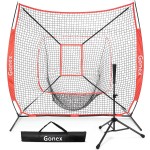 Gonex 7\' x 7\' Baseball Softball Practice Net Set with Batting Tee for Hitting and Pitching Batting, Practice Training Aid, with Strike Zone, Large Mouth, Bow Frame, Carrying Bag, Red