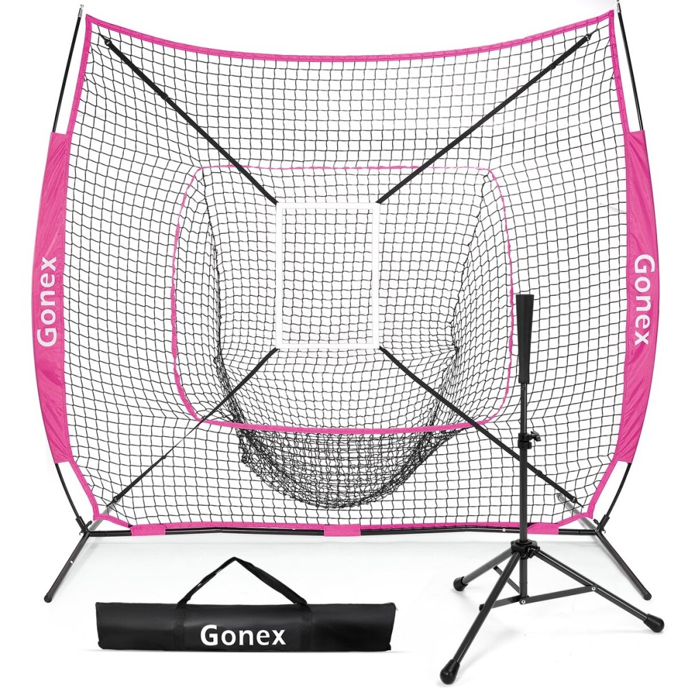 Gonex 7\' x 7\' Baseball Softball Practice Net Set with Batting Tee for Hitting and Pitching Batting, Practice Training Aid, with Strike Zone, Large Mouth, Bow Frame, Carrying Bag, Pink