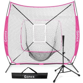 Gonex 7\' x 7\' Baseball Softball Practice Net Set with Batting Tee for Hitting and Pitching Batting, Practice Training Aid, with Strike Zone, Large Mouth, Bow Frame, Carrying Bag, Pink