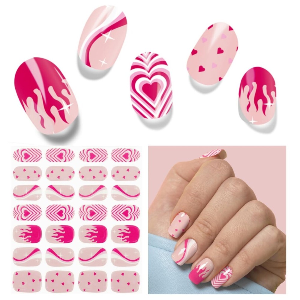 DUKASOU Semi Cured Gel Nail Strips, Pink Heart | 28 pcs Gel Nail Strips Work with Any UV Lamp, Salon Quality UV Nails Stickers, Easy to Apply for Home Nails DIY