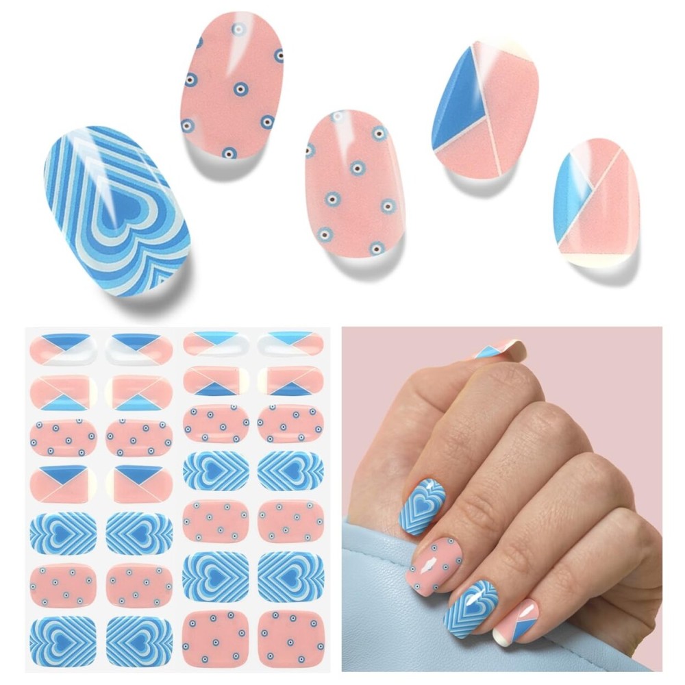 DUKASOU Semi Cured Gel Nail Strips, Blue Heart | 28 pcs Gel Nail Strips Work with Any UV Lamp, Salon Quality UV Nails Stickers, Easy to Apply for Home Nails DIY