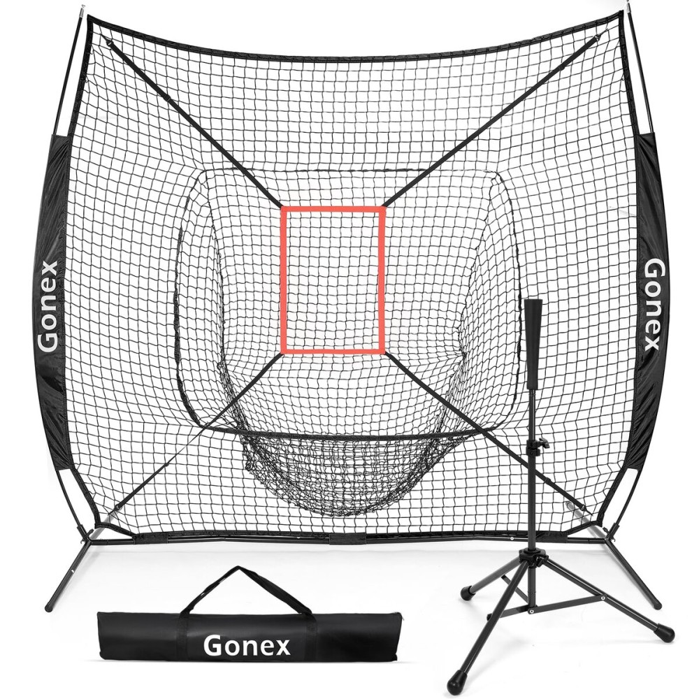 Gonex 7\' x 7\' Baseball Softball Practice Net Set with Batting Tee for Hitting and Pitching Batting, Practice Training Aid, with Strike Zone, Large Mouth, Bow Frame, Carrying Bag, Black