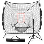 Gonex 7\' x 7\' Baseball Softball Practice Net Set with Batting Tee for Hitting and Pitching Batting, Practice Training Aid, with Strike Zone, Large Mouth, Bow Frame, Carrying Bag, Black