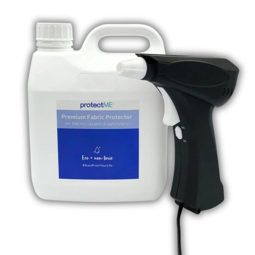 protectME Fabric Protector and Stain Resistant Spray - Upholstery Fabric Spray for Stain Guard for Carpet, Shoes, Couch, Sofa - Non Toxic Water Based Furniture Protector - 84.5 Fl. Oz. +Sprayer