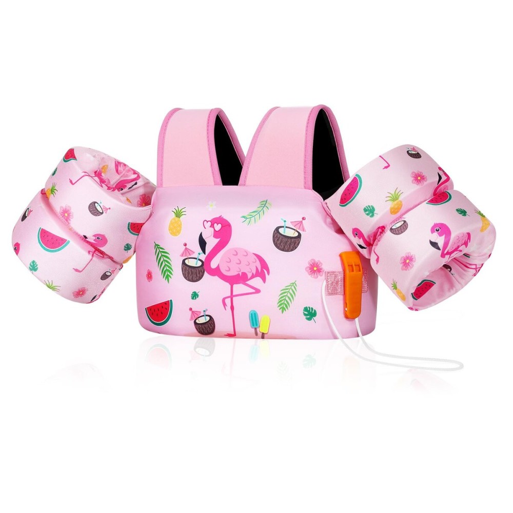 MoKo Toddler Swim Vest for Kids, Swim Arm Floaties 22-66 lbs Boys and Girls Cartoon Swimming Water Wings Pool Float Vests Sleeves Shoulder Straps Arm Band for Children Learn to Swim, Pink Flamingo