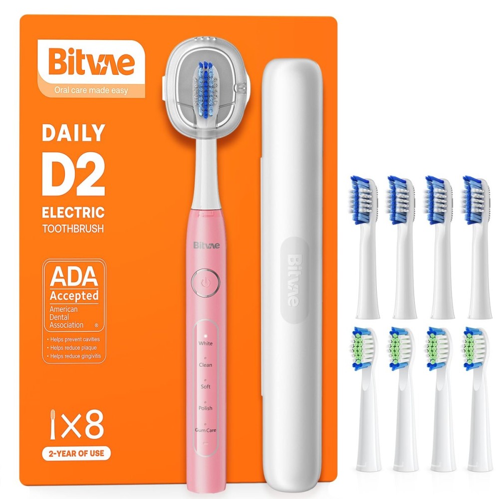 Bitvae Ultrasonic Electric Toothbrush for Adults and Kids, ADA Accepted Travel Electric Toothbrush with Rechargeable 60-Day Battery Life, 8 Heads, 5 Modes, Case/Holder, Quartz Pink
