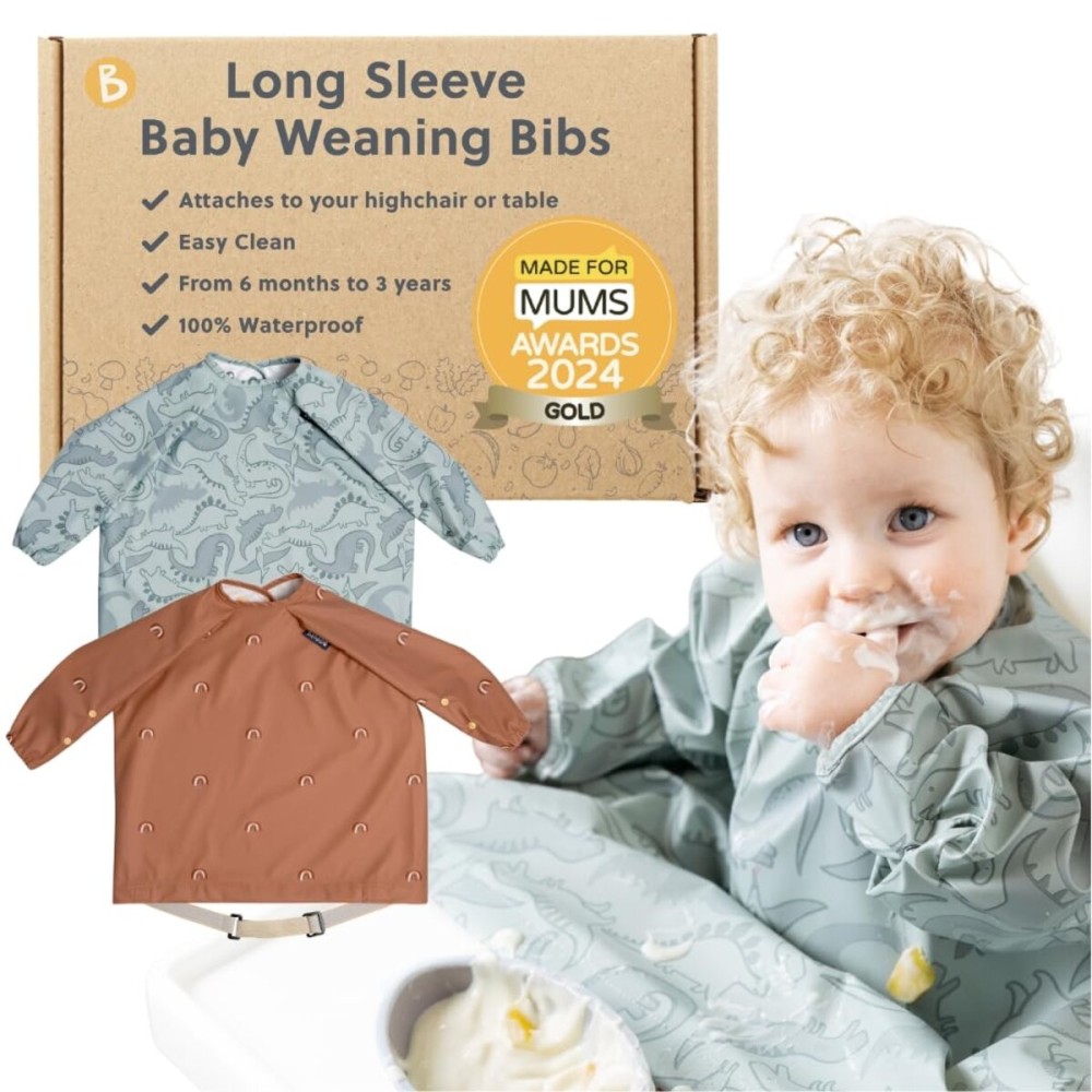 BIBaDO - Long Sleeve Baby Bibs - Babies & Toddlers 6-36 Months - Coverall Baby Led Weaning Bib - Easy Wipe, Soft & Waterproof