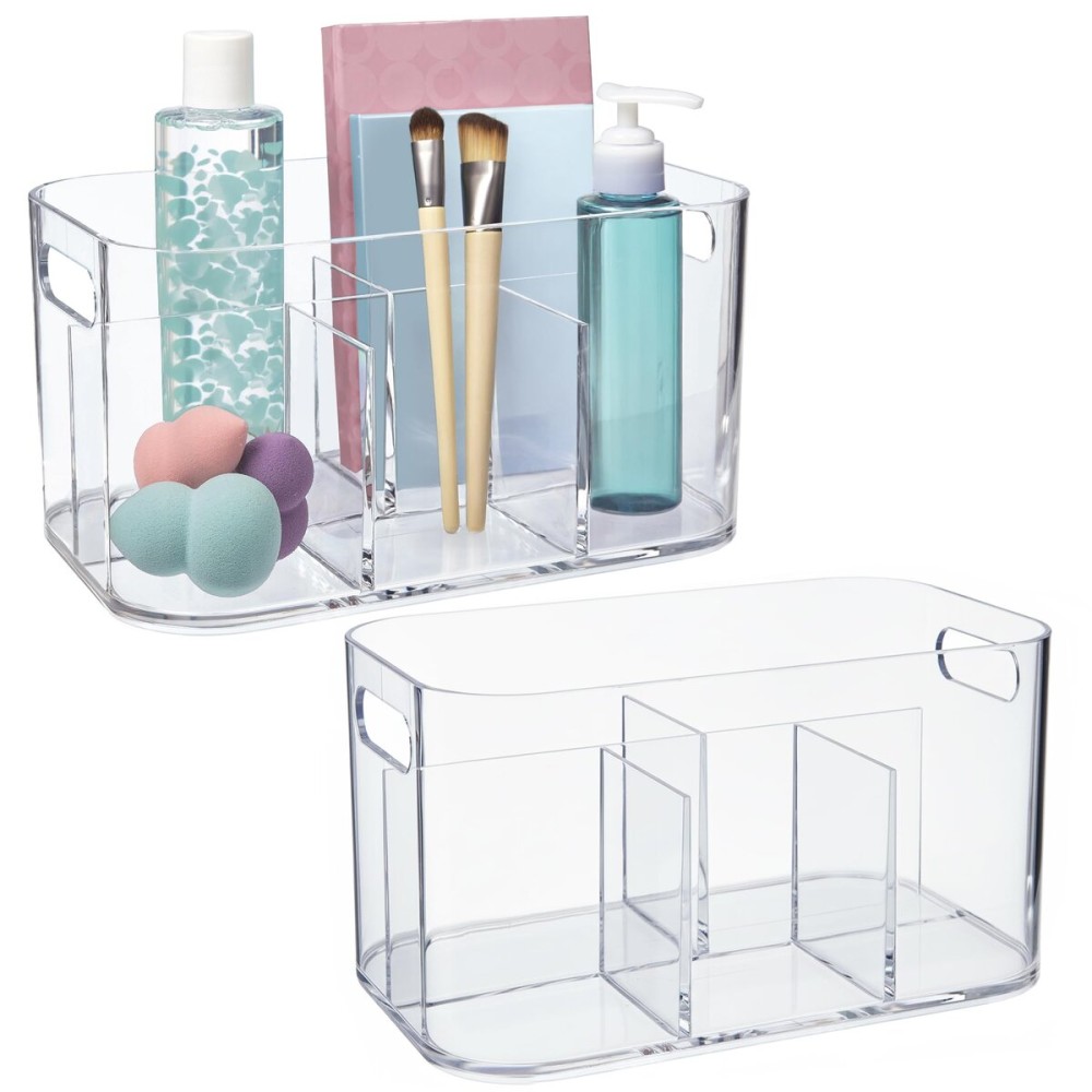 STORi Bliss 5-Compartment Plastic Cosmetics Storage Organizer, Set of 2 | Clear | Rectangular Divided Makeup Bin & Vanity Caddy with Pass-Through Handles | Round Corner Design | Made in USA