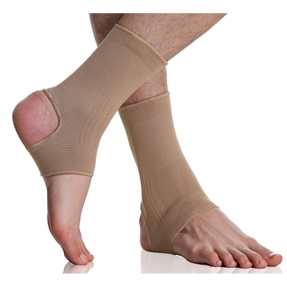 NeoTech Care Ankle Support Sleeve - Open Heel, Light, Elastic & Breathable Knitted Fabric - Medium Compression - For Men, Women, Kids - Right or Left Foot (Beige Color, Size L, 1 Pair)