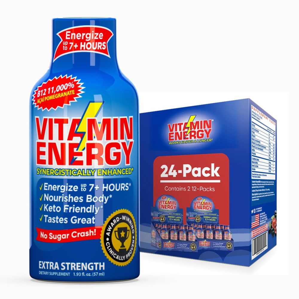 Vitamin Energy B12 11,000% Extra Strength Energy Shot Aa Pomegranate 24 Pack, 260mg Natural Caffeine, B12 & B6, Nootropic Focus, Vitality, Zero Sugar, Gluten-Free, Vegan, Kosher, 1.93 fl oz