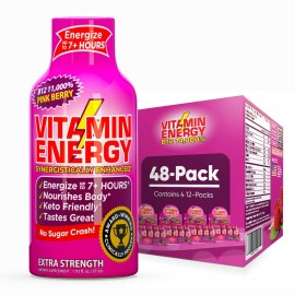 Vitamin Energy B12 11,000% Extra Strength Energy Shot Pink Berry 48 Pack, 260mg Natural Caffeine, B12 & B6, Nootropic Focus, Vitality, Zero Sugar, Gluten-Free, Vegan, Kosher, 1.93 fl oz