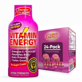 Vitamin Energy B12 11,000% Extra Strength Energy Shot Pink Berry 24 Pack, 260mg Natural Caffeine, B12 & B6, Nootropic Focus, Vitality, Zero Sugar, Gluten-Free, Vegan, Kosher, 1.93 fl oz