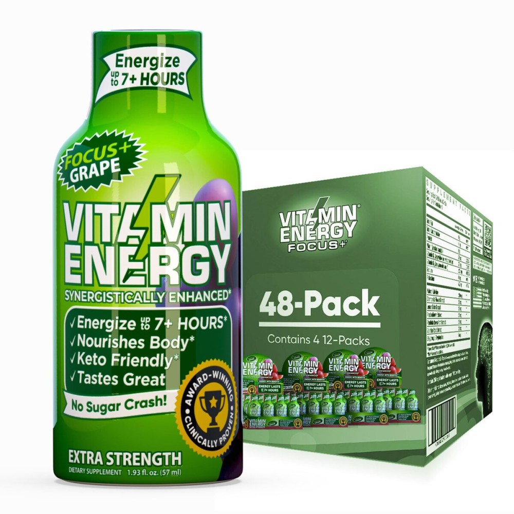 Vitamin Energy Focus+ Extra Strength Energy Shot Grape 48 Pack, 260mg Natural Caffeine, B-Vitamins, CoQ10, Amino Acids, Focus, Productivity & Clarity, Zero Sugar, Gluten-Free, 1.93 fl oz