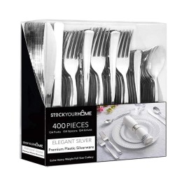 Silver Plastic Silverware Set (400-Pack) - Disposable Heavy Duty Cutlery, 134 Forks, 134 Knives, 134 Spoons for Parties, Weddings, Dinners & Holidays