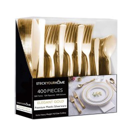 Gold Plastic Silverware Set (400-Pack) - Disposable Heavy Duty Cutlery, 134 Forks, 134 Knives, 134 Spoons for Parties, Weddings, Dinners & Holidays