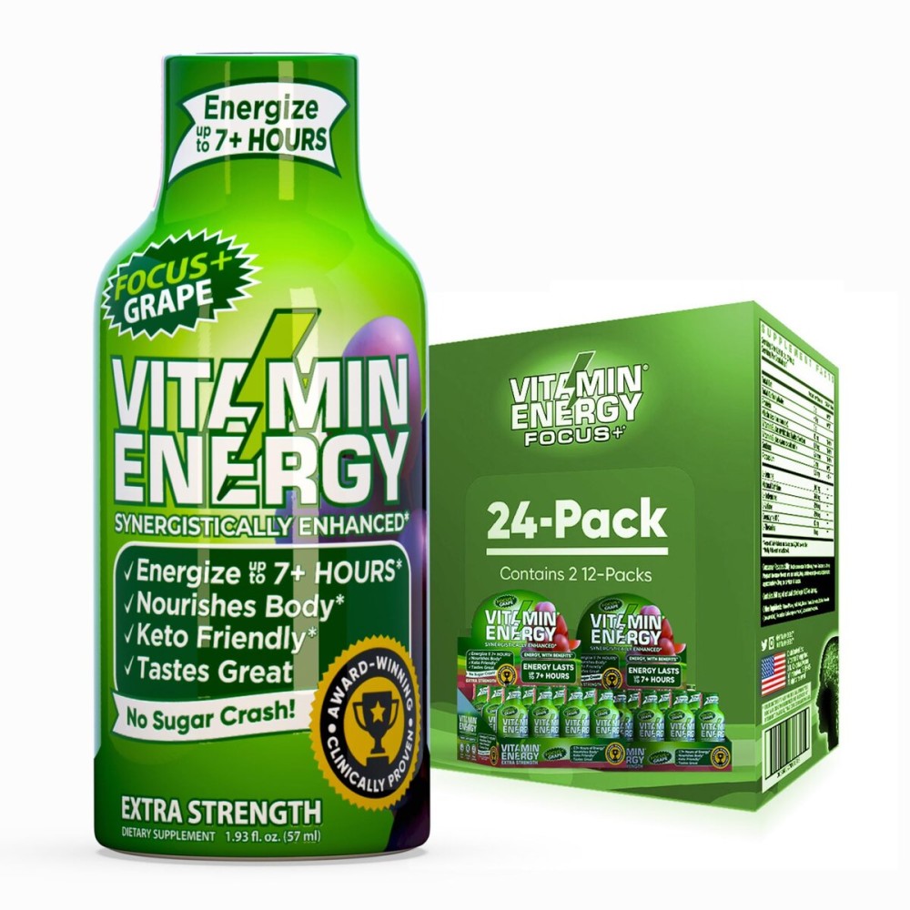 Vitamin Energy Focus+ Extra Strength Energy Shot Grape 24 Pack, 260mg Natural Caffeine, B-Vitamins, CoQ10, Amino Acids, Focus, Productivity & Clarity, Zero Sugar, Gluten-Free, 1.93 fl oz