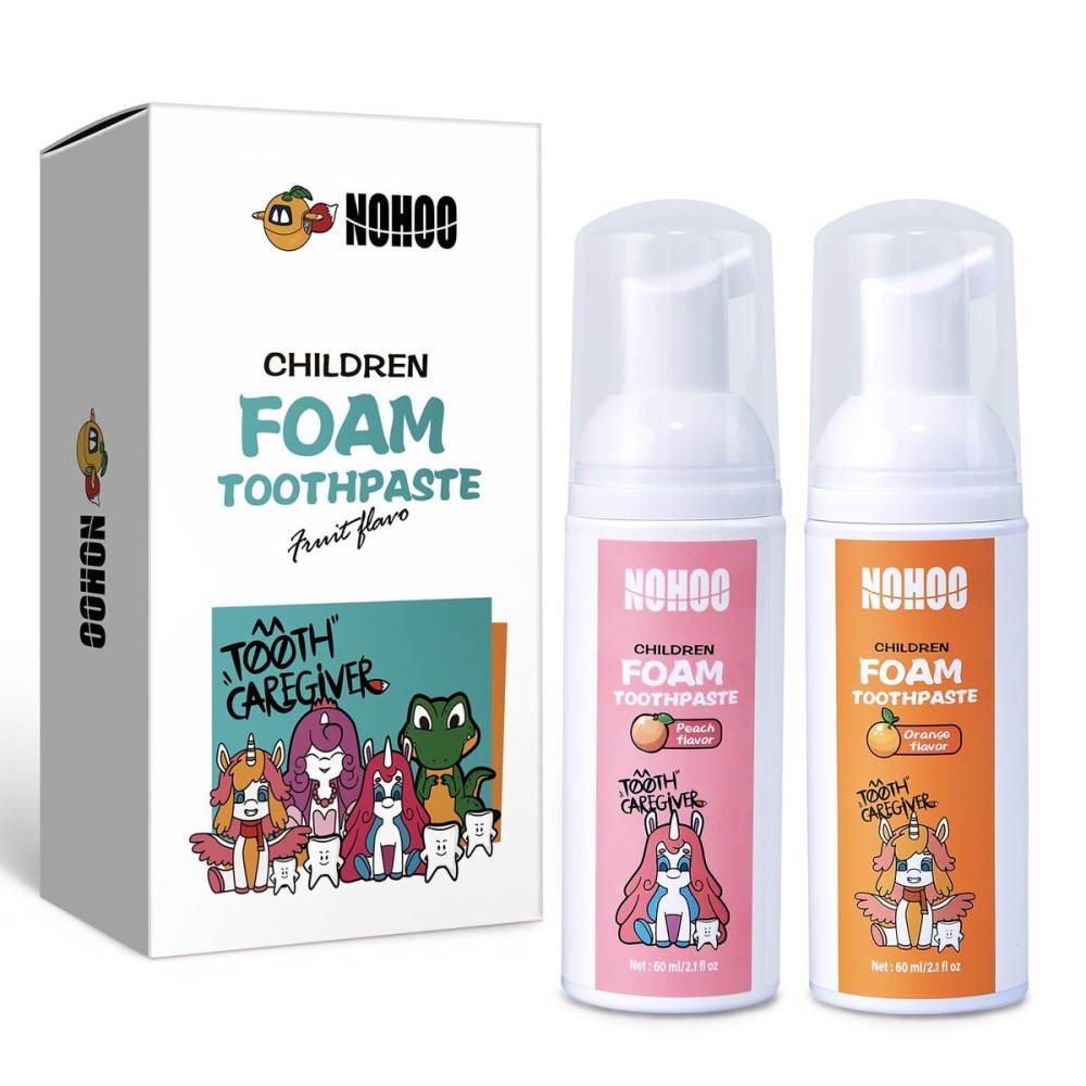 NOHOO Fluoride Free Foam Toothpaste Kids Fruit Flavour,Natural Training Toothpaste for Baby Toddler Children Oral Cleaning and Cavity Protection(Orange + Peach)