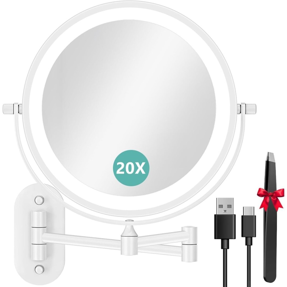 1X/20X Wall Mounted Makeup Mirror with Light, 8 Rechargeable Double-Sided Magnifying Mirror, Vanity Mirror Dimmable 3 Color Light, 360 Extension Rotation Foldable 14.5 Inch Arm for Bathroom