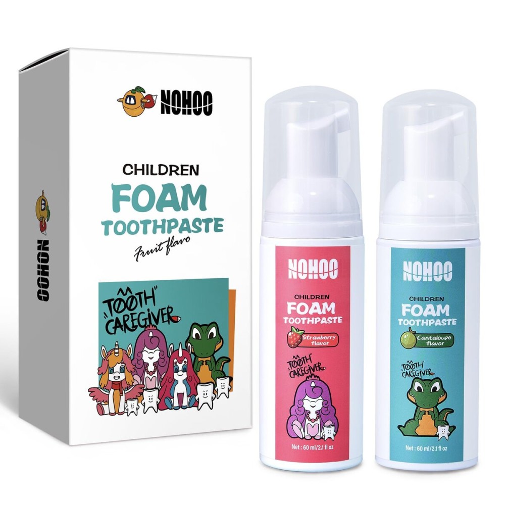 NOHOO Fluoride Free Foam Toothpaste Kids Fruit Flavour,Natural Training Toothpaste for Baby Toddler Children Oral Cleaning and Cavity Protection(Strawberry + Cantaloupe)