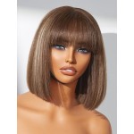 LUVME HAIR 10 Inch Yaki Straight Bob Wig with Bangs Ash Blonde Highlights Blunt Cut Bob Wig Human Hair Glueless HD Lace Bob Wig Ready to Go Short Wigs For Women 180 Density (Breathable Cap)