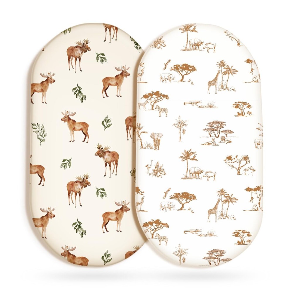 GRSSDER Ultra Soft Bassinet Sheets 2 Pack, Stretchy Breathable Knit Bassinet Mattress Sheets for Baby, Universal Fitted Baby Cradle Moses Basket Oval Rectangle Mattresses Safe and Snug, Animals Print