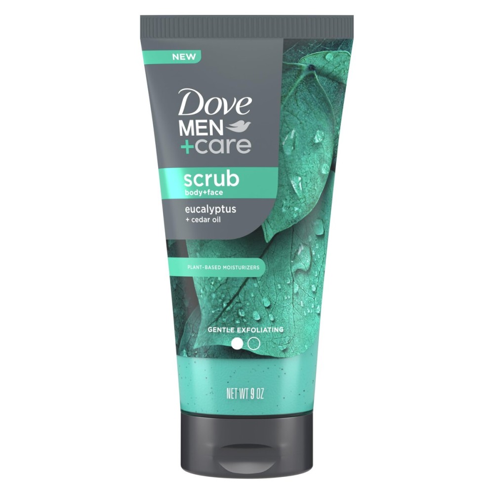 DOVE MEN + CARE Body and Face Scrub Eucalyptus Deeply Exfoliates for Hydrated & Nourished Skin 100% Gentle Cleanser, No Sulfate Cleansers or Parabens 9 oz